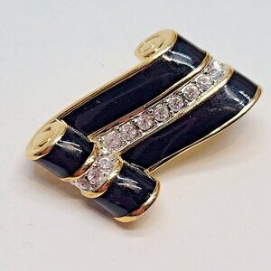 Swarovski Gold Tone Black Enamel Ribbon Brooch w. Clear Rhinestones 3D Art Deco